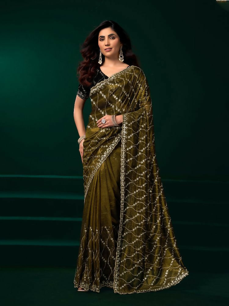 Joban Fashion Mehandi Green Net Party Wear Sarees - Distacart