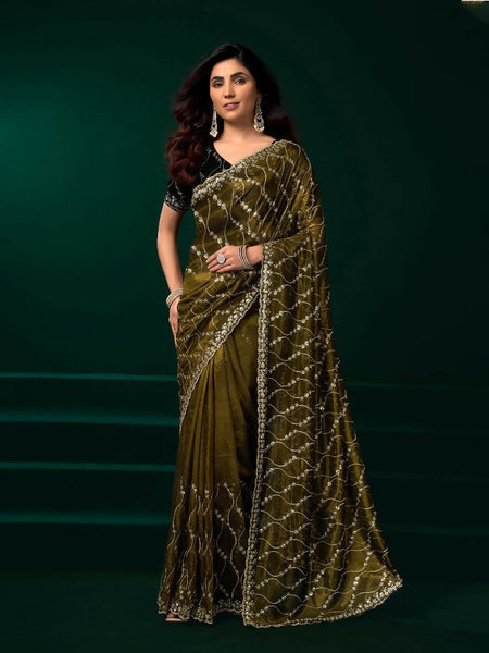 Joban Fashion Mehandi Green Net Party Wear Sarees