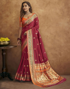 Vastranavya Maroon Soft Paithani Silk Saree With Gold Zari Weaving Motifs With Matching Blouse Fabric