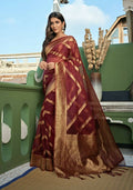 Delightful Designer Maroon Color Organza Silk Saree With Weaving Work - Yomika Fashions