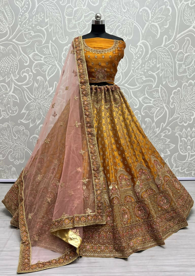 Jyoti Fashion Women's Golden Bridal Net Fancy Dori & Sequins Multi Thread Embroidered with Diamond Work Wedding Lehenga Choli