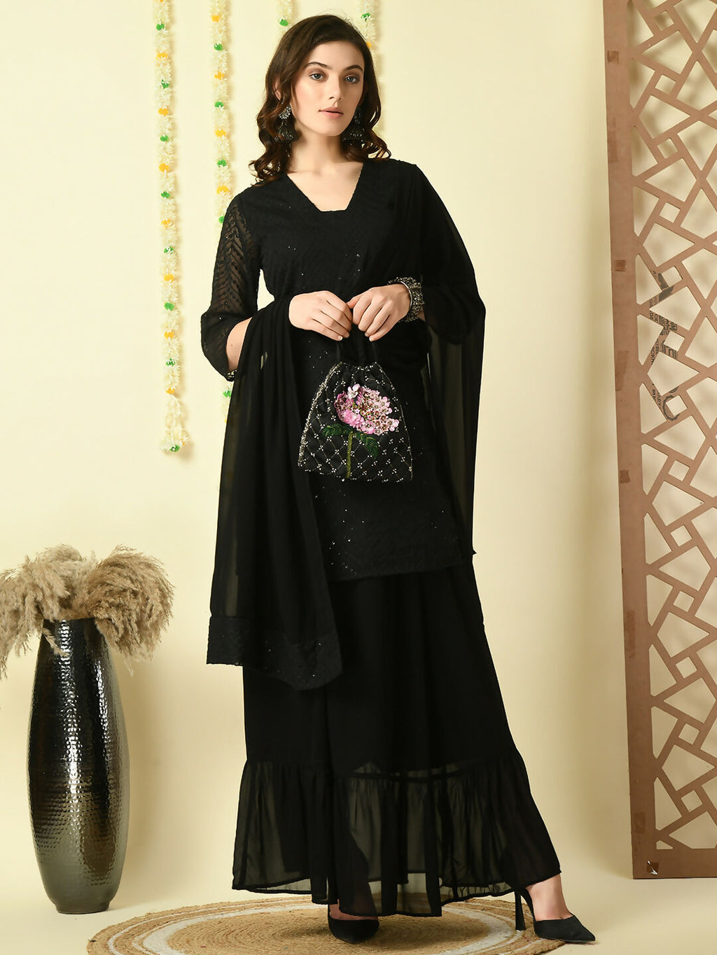Myshka Women's Black Georgette Kurti & Skirt With Dupatta Party Sets