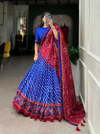 Vastranavya Cultural Leheriya With Patola Print Border Tussar Silk Lehenga Choli - Royal Blue