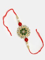 NVR Women & Men Set of 2 Red & Gold Toned Stone-Studded & Beaded Bhaiya Bhabhi Rakhi With Roli Chawal & Chocolate - Distacart