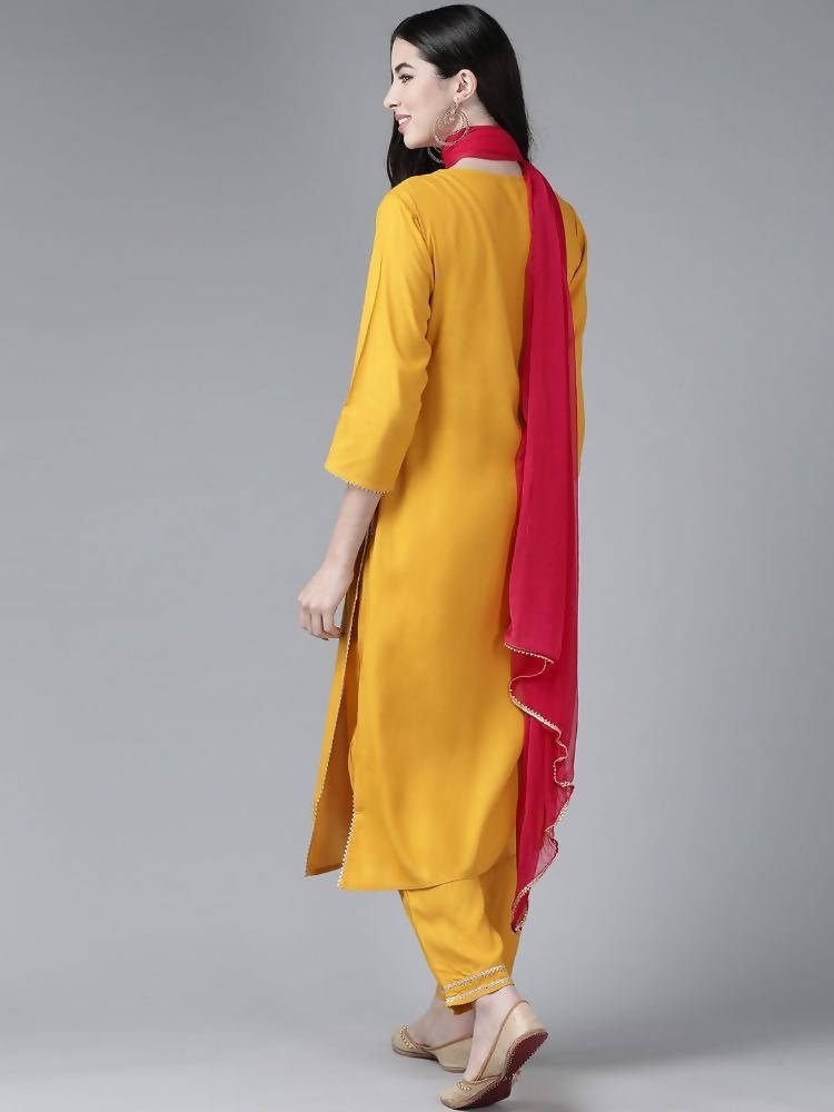 Yufta Women's Mustard Rayon Kurti With Pant Dupatta Set