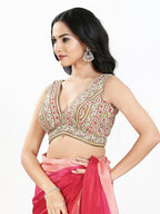 Joban Fashion Cream Multi Georgette Padded Blouse With V Neck Sleeveless - Distacart