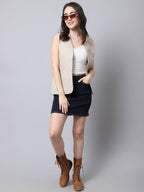 Even Apparels Cream Linen Cotton Open Front Women's Waistcoat