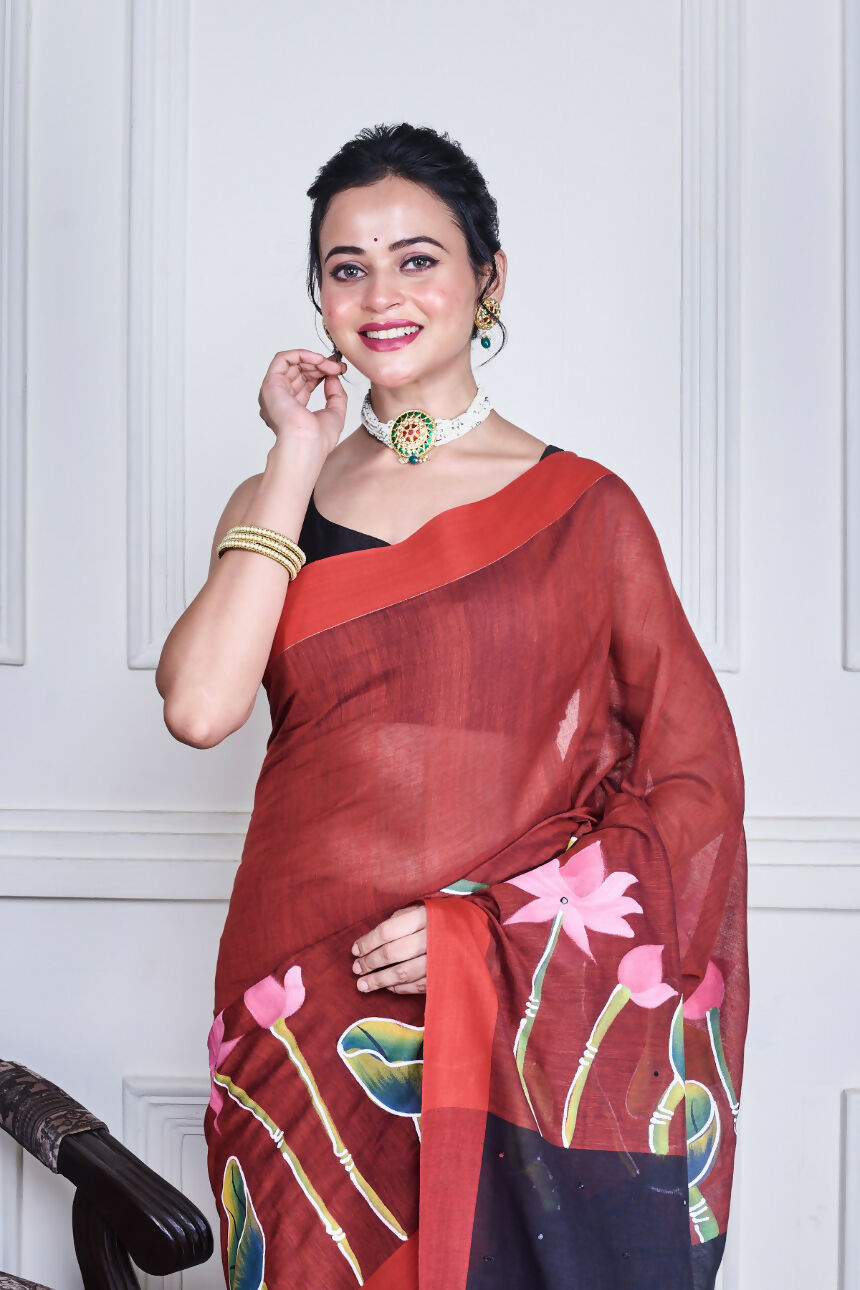 Morchari Multicolour Cotton Handloom Mirror Work Saree Unstitched Blouse - Distacart