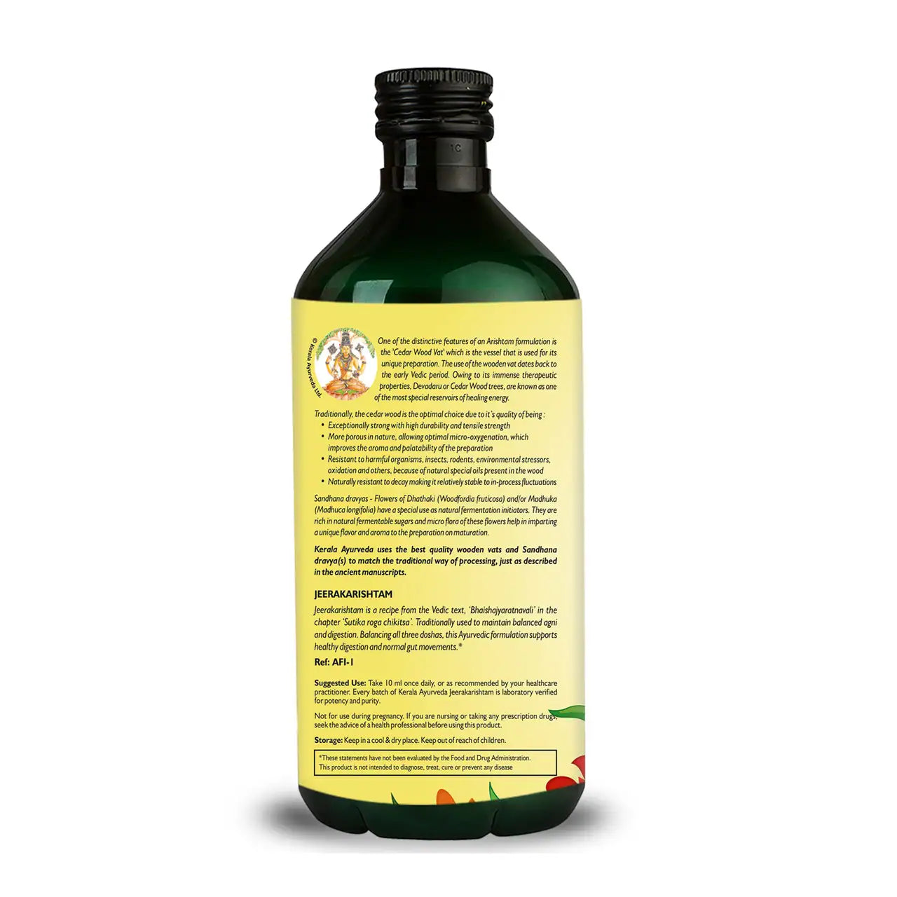 A bottle of Kerala Ayurveda Jeerakarishtam, an ayurvedic oil of about 15.2 fl oz / 450 ml, with a label about the product benefit.