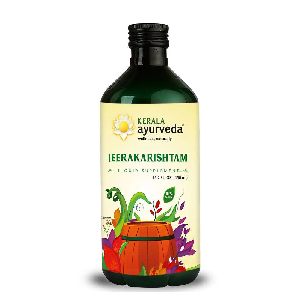A bottle of Kerala Ayurveda Jeerakarishtam, an ayurvedic oil of 15.2 fl oz / 450 ml, with a label depicting a traditional Ayurvedic illustration.