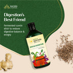 Kerala Ayurveda bottle of Icera Karishtham with cumin seeds and ginger on a green and beige background