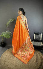 Joban Fashion Orange Butti Woven Soft Lichi Silk Paithani Saree - Distacart