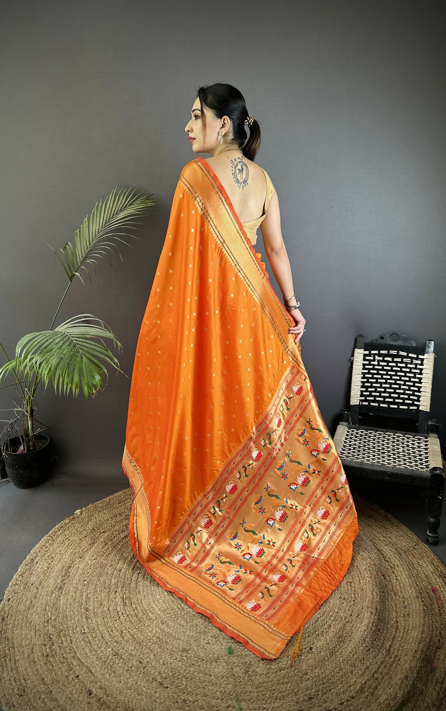 Joban Fashion Orange Butti Woven Soft Lichi Silk Paithani Saree - Distacart