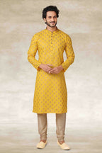 Raivat Ethnic Cotton Printed Work Kurta Pajama In Yellow Colour