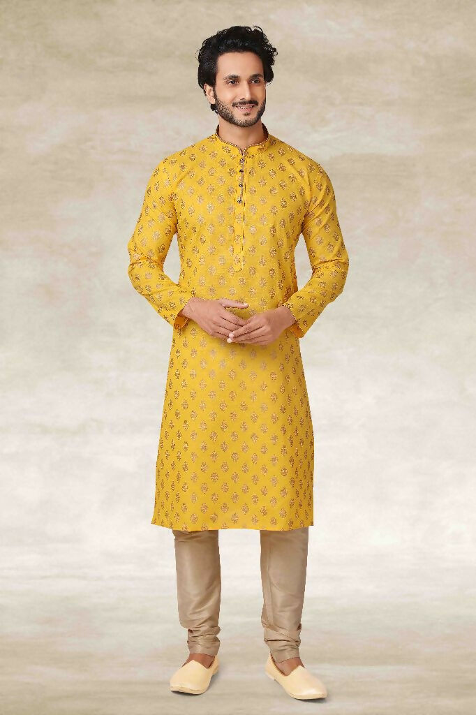 Raivat Ethnic Cotton Printed Work Kurta Pajama In Yellow Colour