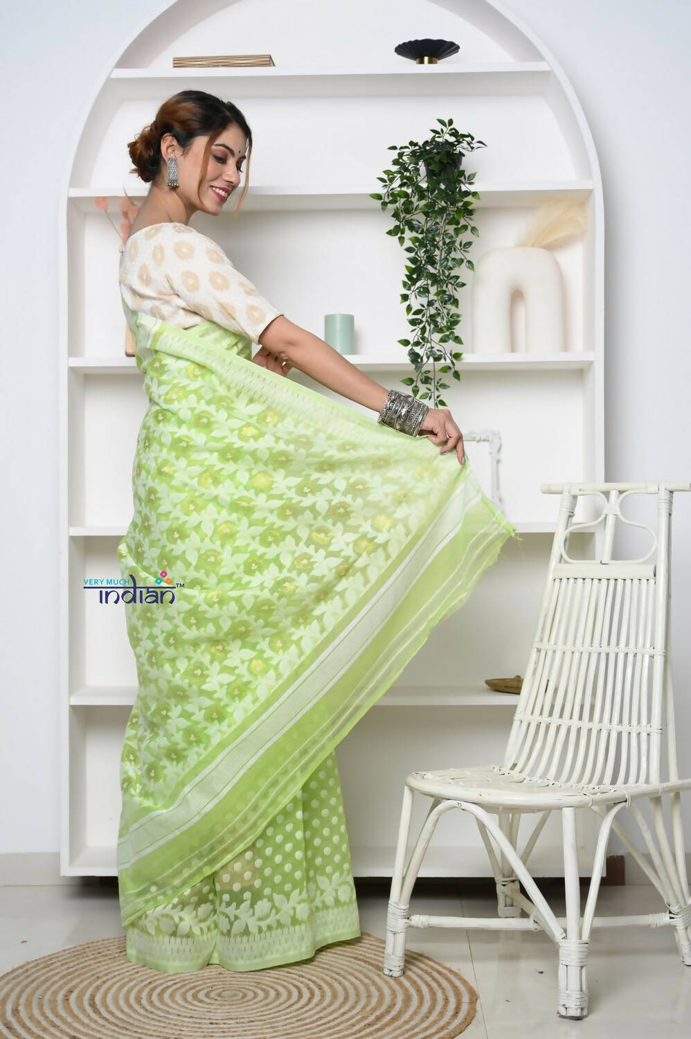 Very Much Indian Jamdhani Cotton Saree - Pista Green - Distacart