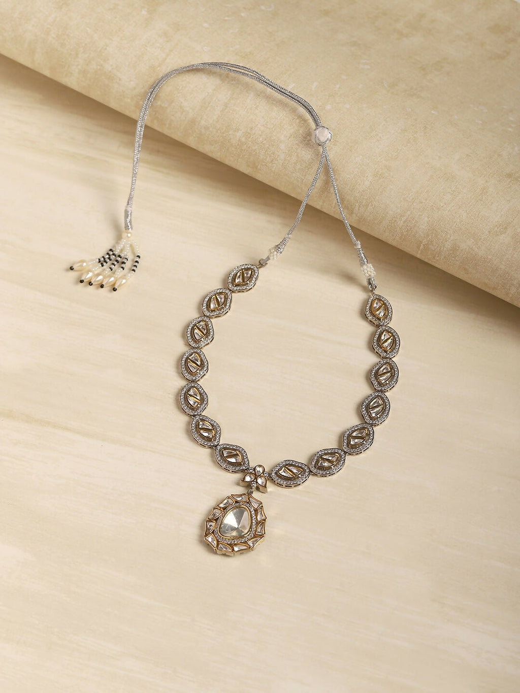 Silver Tone Kundan and Diamond Neckpiece- Ruby Raang