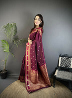 Joban Fashion Maroon Banarasi Soft Silk Woven Saree - Distacart