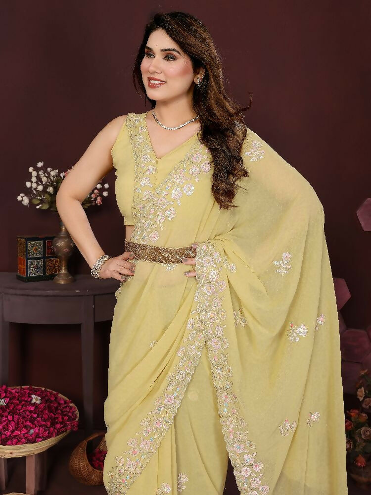 PR Fashion Yellow Georgette Embroidery Work With Embroidery Work Blouse Saree
