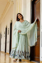 Teeya Creation Mint Green Chinnon Heavy Work Long Wedding Gown - Distacart
