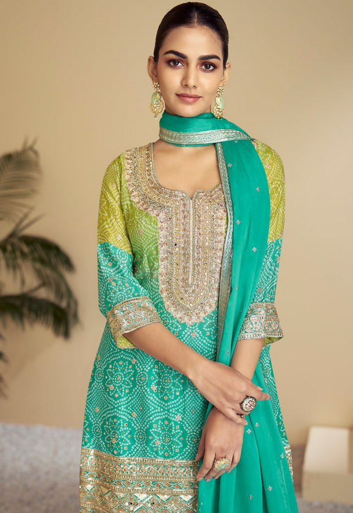 Lorenvalley Fashion Green and Teal Chinon Embroidery With Sequince Work Salwar Kameez Stitched