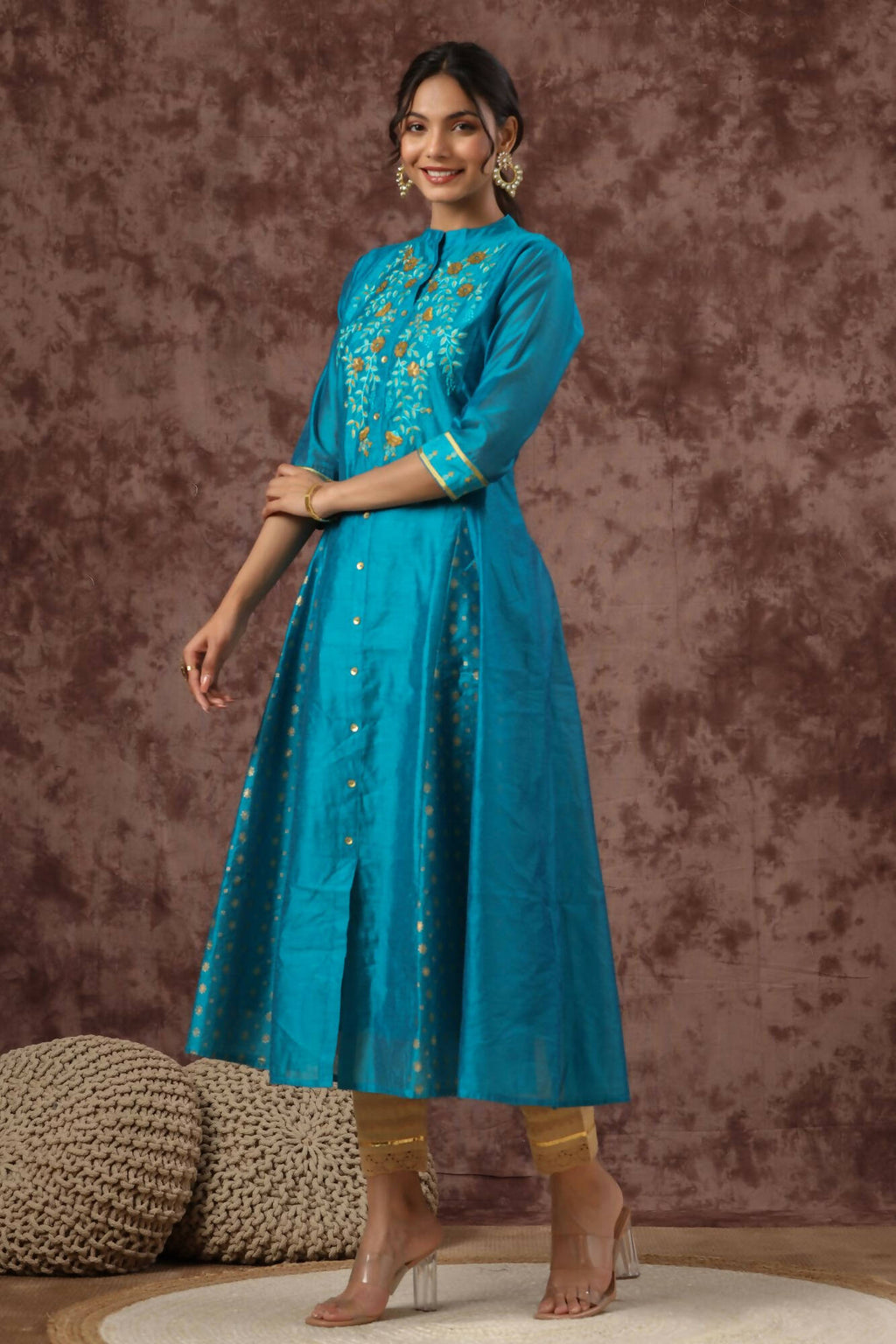 Juniper Women Teal Chanderi Silk Embroidered & Printed Anarkali Kurta - Distacart