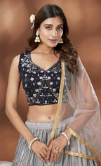 Grey Chinnon Crush Foil Printed Lehenga Choli with Dupatta - Aakriti