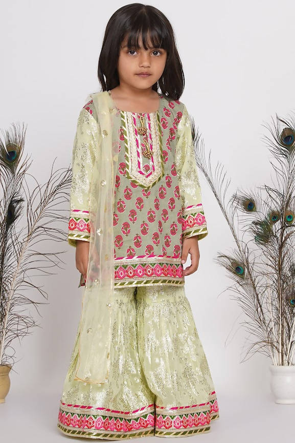 Little Bansi Girls Banarsi Cotton Turkish Lacework Kurta with Foil Sharara & Dupatta - Green
