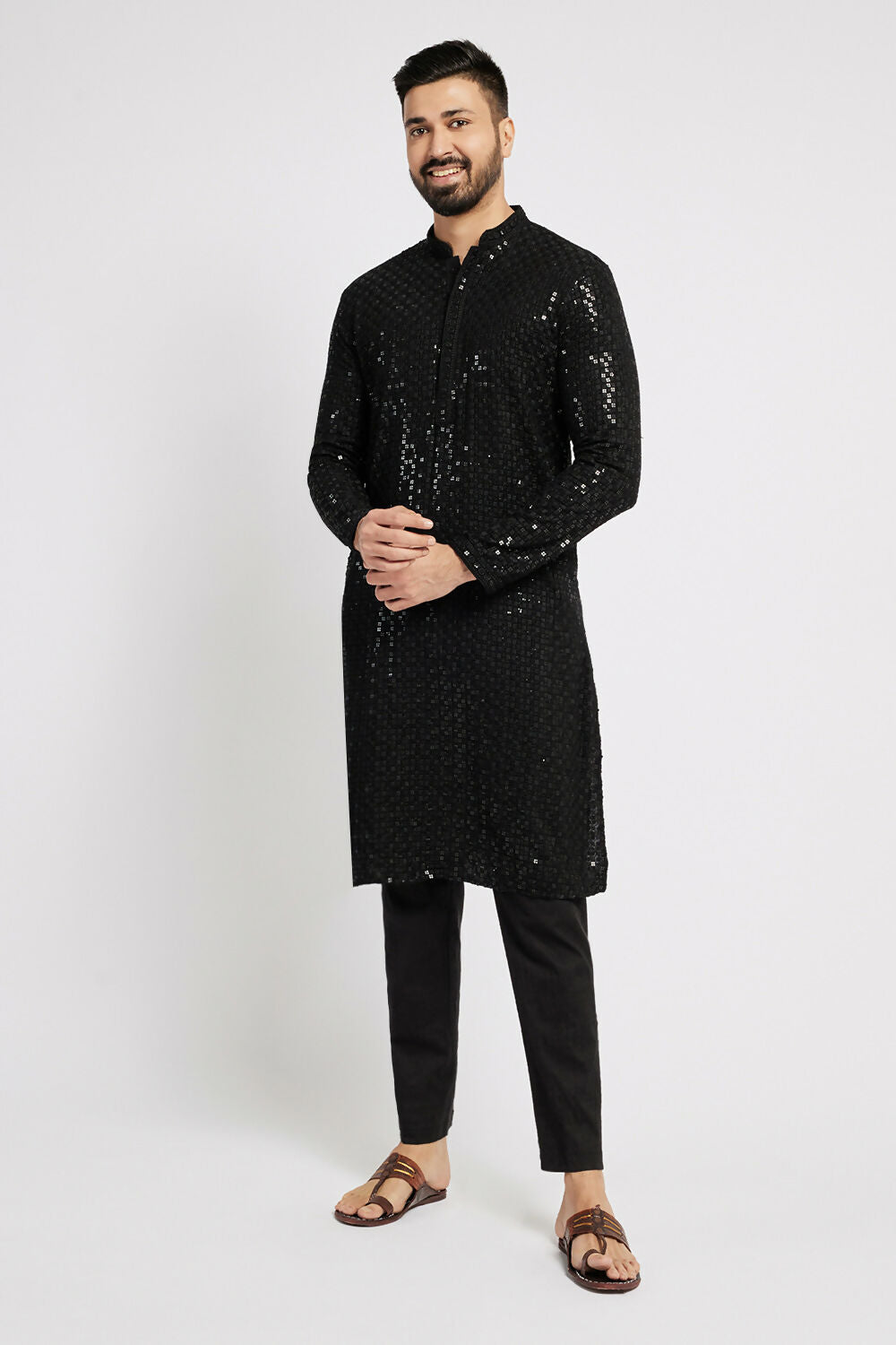 Ethnic India Black Men's Kurta Embellished Viscose Rayon