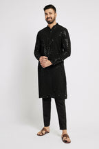 Ethnic India Black Men's Kurta Embellished Viscose Rayon