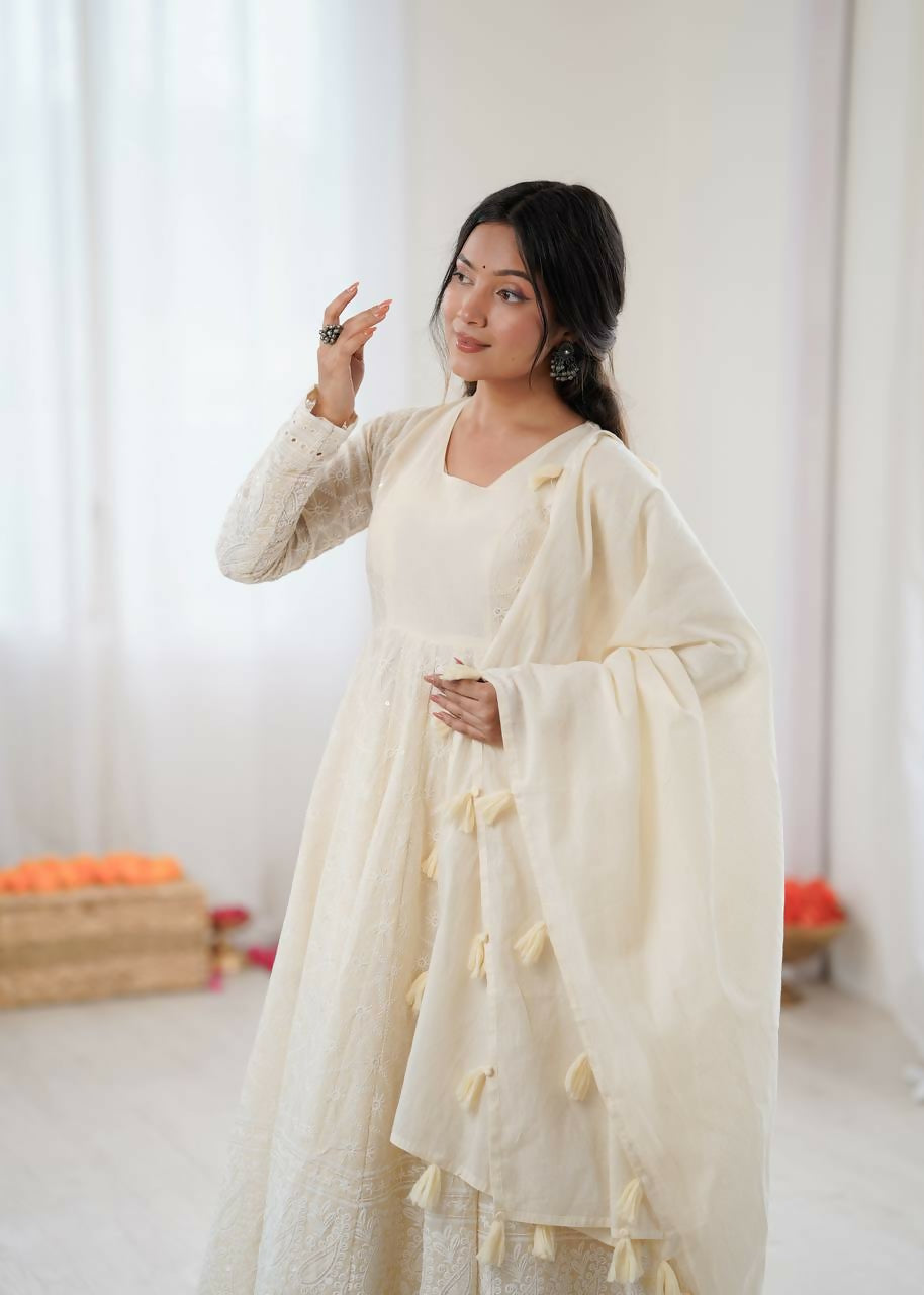 Teeya Creation Cream Kora Cotton Designer Embroidery Work long Gown - Distacart