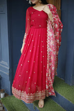 Aayaa Designer Embroidery Zari Sequins-Work Faux Blooming Georgette Suit - Red - Distacart