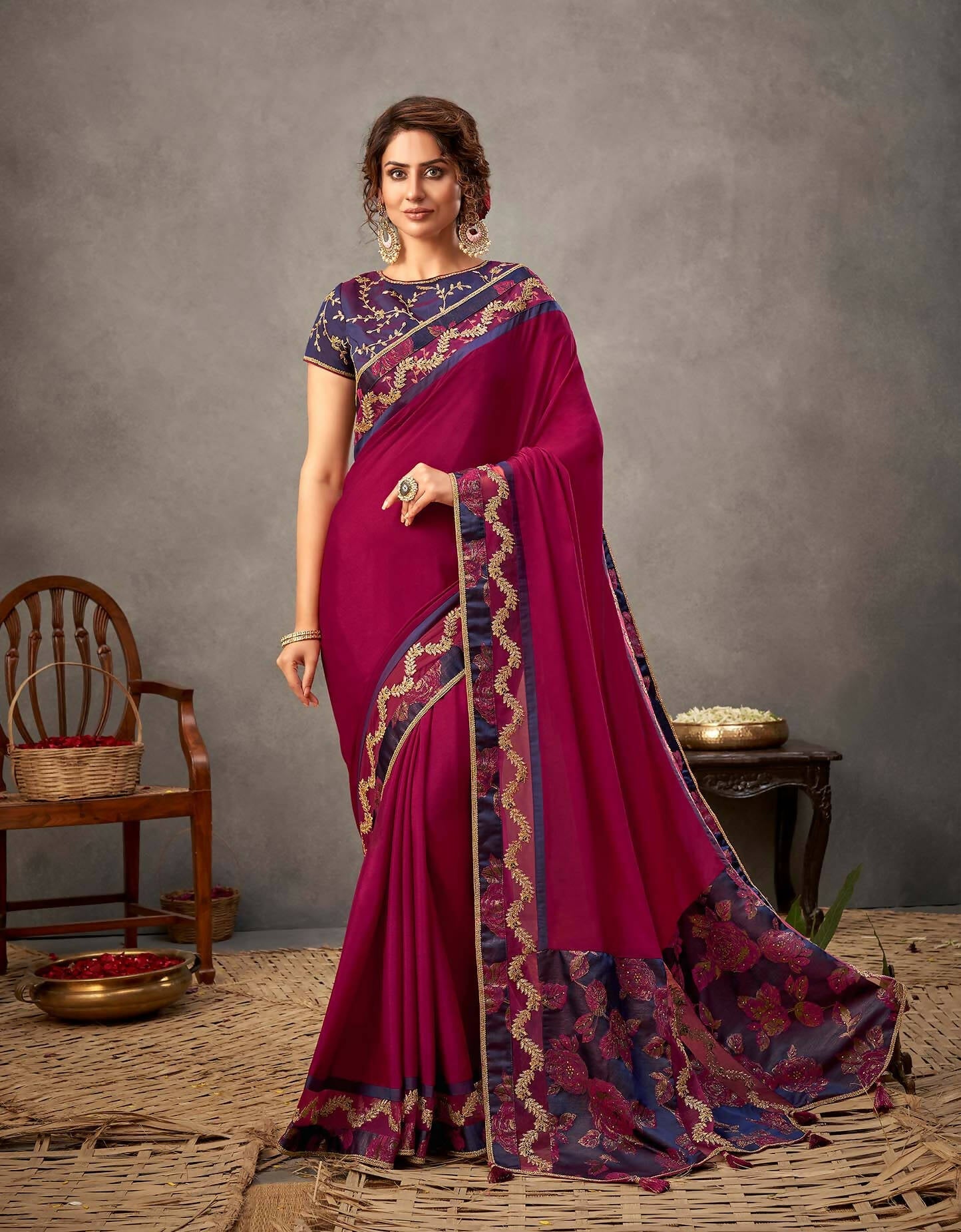 Deep Magenta And Purple Silk Georgette Cord And Sequins Embroidery Saree - Norita Arinya