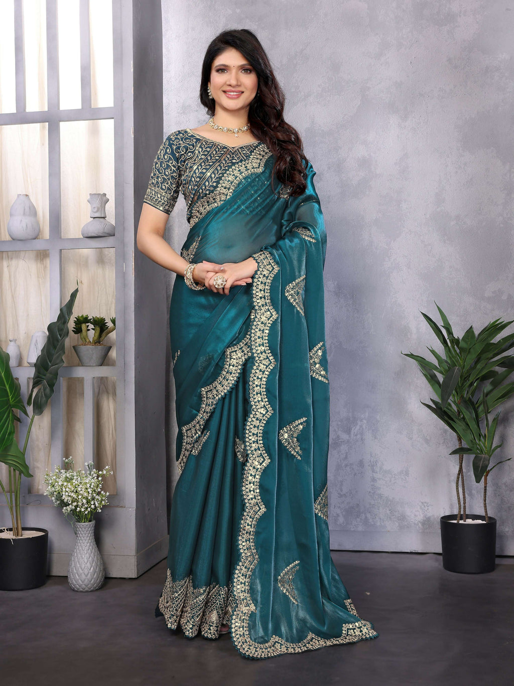 Vastranavya Teal Embroidery Work Shimmer Chiffon Saree with Unstitched Blouse - Distacart