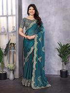 Vastranavya Teal Embroidery Work Shimmer Chiffon Saree with Unstitched Blouse - Distacart