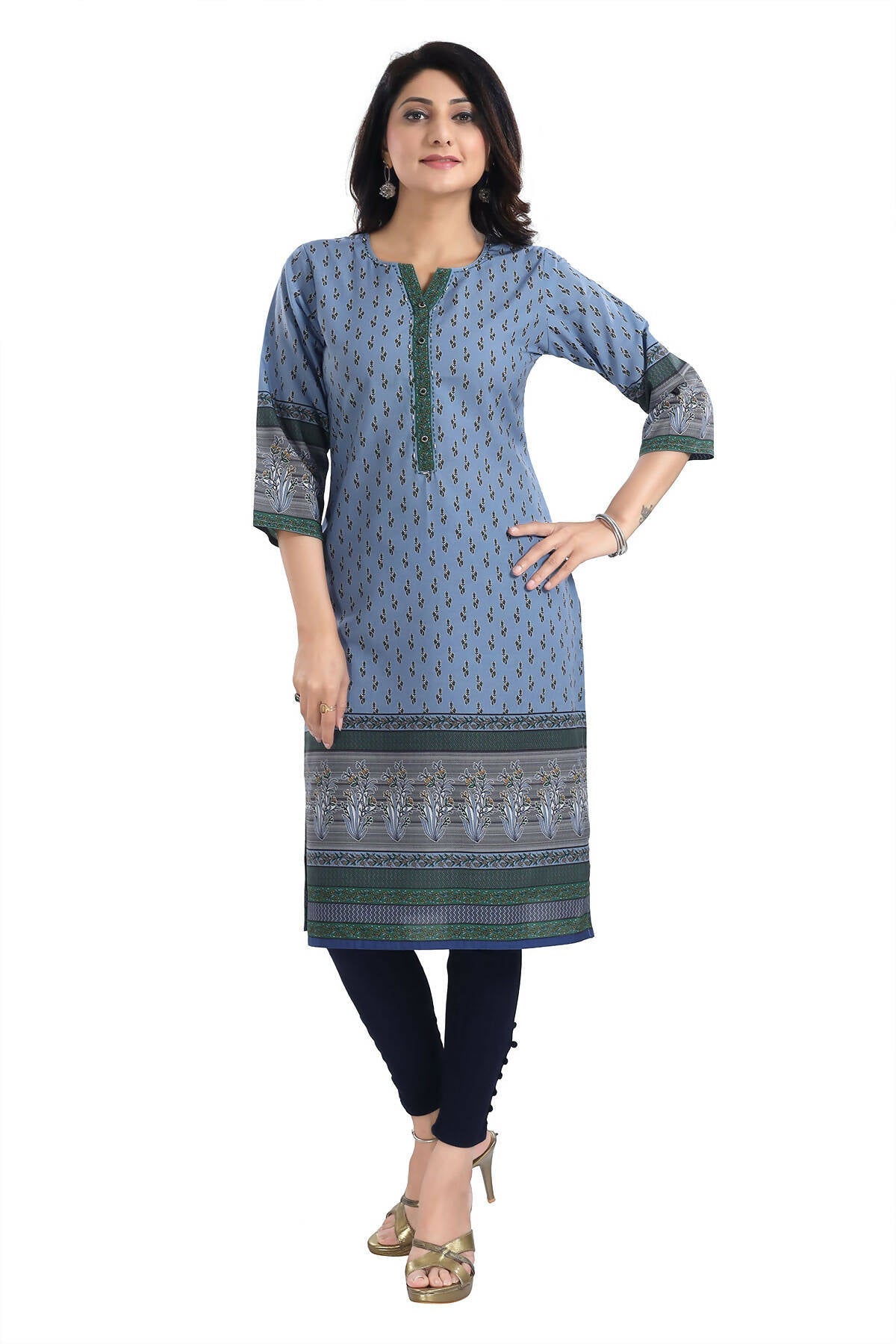 Snehal Creations Aesthetic Blue Digital Print Cotton Slub Long Kurti Tunic - Distacart