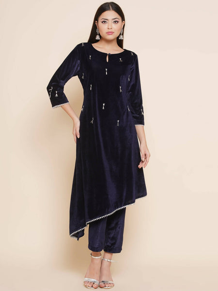 Women Republic Navy Blue Velvet Assymetrical Hand Embellished Kurta With Pants