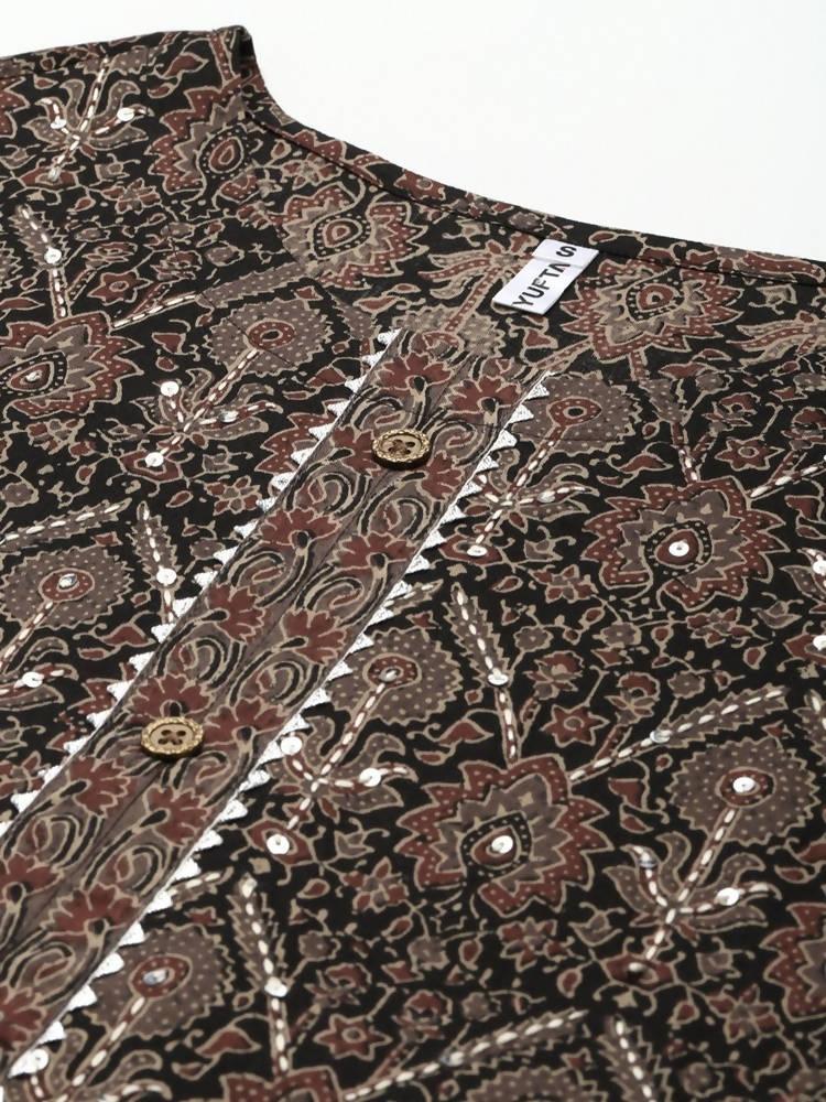 Yufta Women Black Ethnic Motifs Printed Pure Cotton Kurta with Trouser and Dupatta