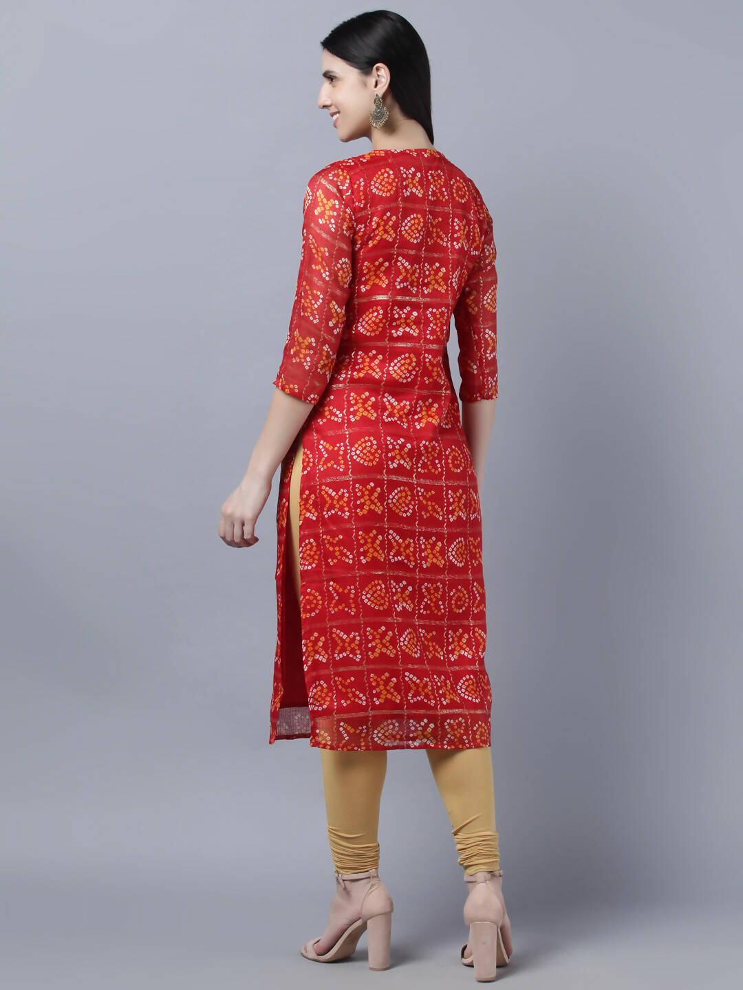 Myshka Women Red Yellow Bandhani Printed Mirror Work Kurta - Distacart