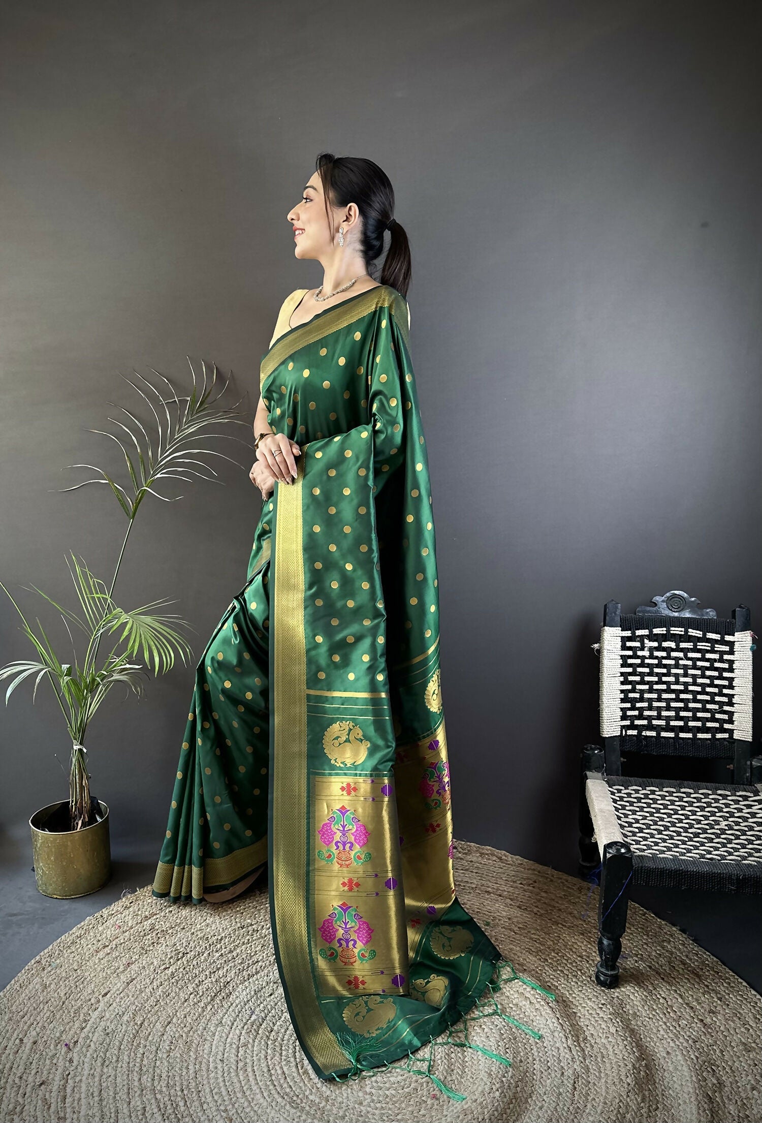 Joban Fashion Green Polka Dot Lichi Silk Paithani Silk Saree - Distacart