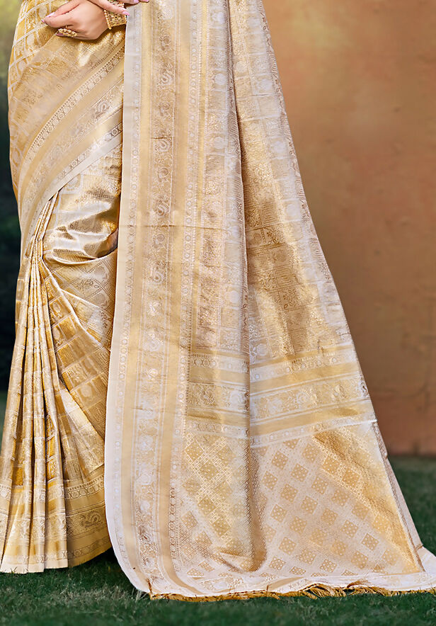 Sangam Prints Beige Kanjivaram Silk Woven Work Traditional Saree