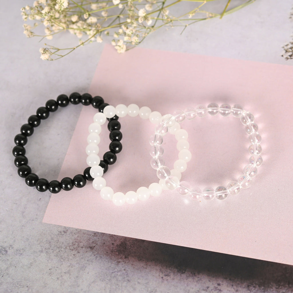 NVR Men & Women Transparent & White & Black Marbel Crystal Elasticated Bracelet - Distacart