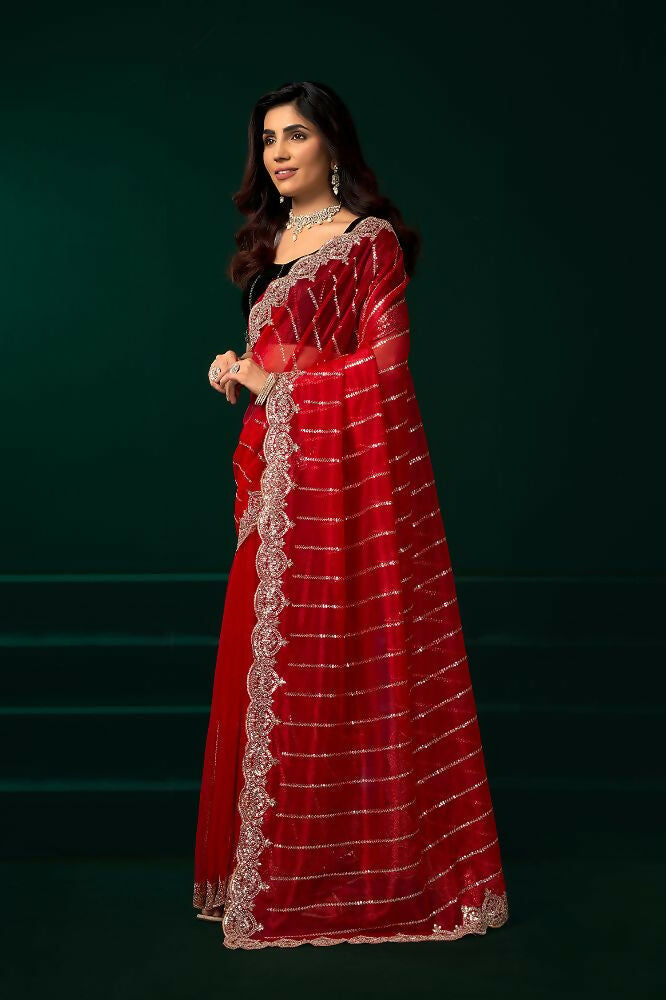 Joban Fashion Red Net Party Wear Sarees - Distacart