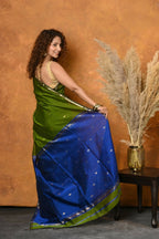 Very Much Indian Handloom Pure Cotton Silk Saree With Sleek Golden Border - Green