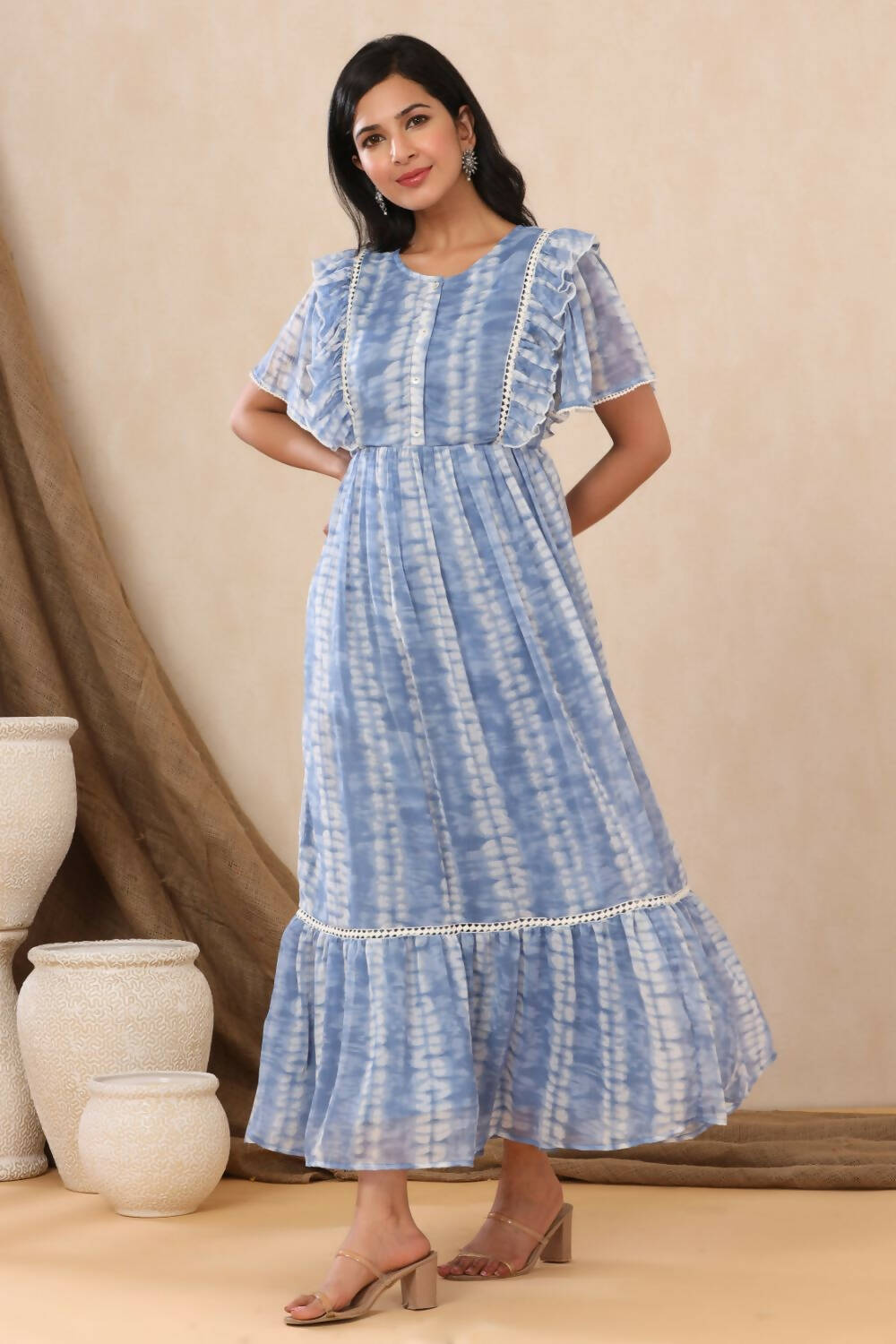 Juniper Womens Powderblue Chiffon Printed Tiered Dress - Distacart