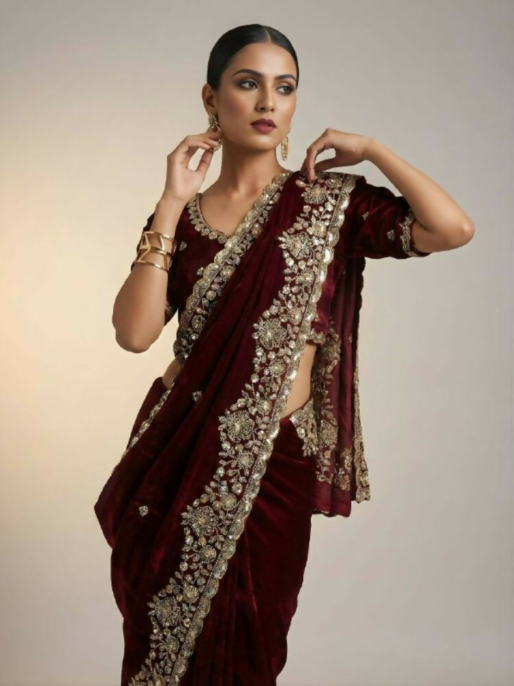 Joban Fashion Maroon Fandy Satin Silk Party Wear Sarees - Distacart