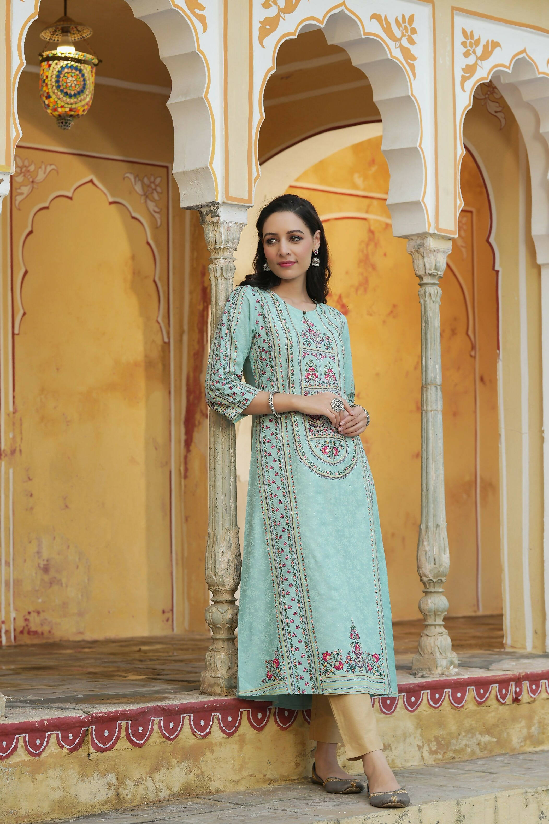 Juniper Women's Sky Blue Rayon Staple Printed A-Line Kurta - Distacart