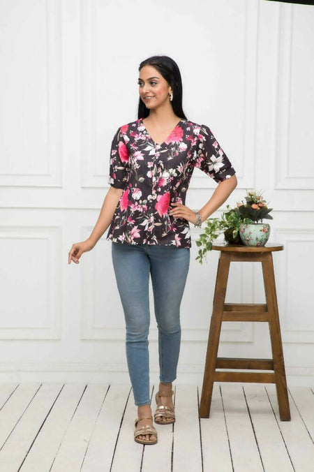 Myshka Women V-Neck Regular Sleeves Viscose Rayon Black Floral Top