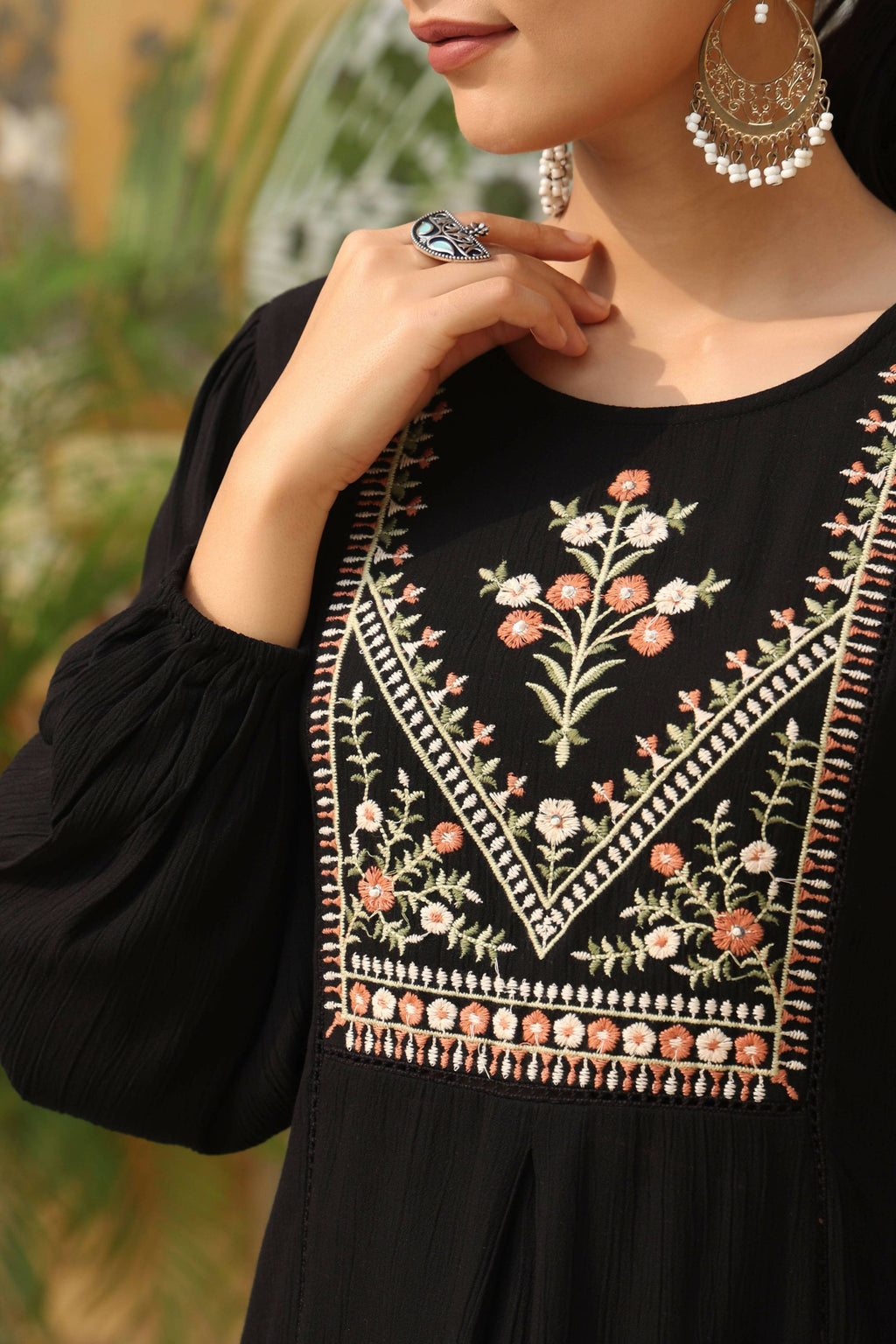 Juniper Women's Black Rayon Crepe Solid With Embroidery Straight Tunic - Distacart