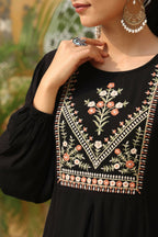 Juniper Women's Black Rayon Crepe Solid With Embroidery Straight Tunic - Distacart